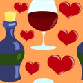 Seamless vector pattern with hearts and wine